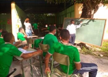 Debajo de una mata de mango y enramada reciben clases estudiantes en El Seibo