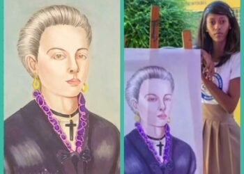 Retrato de Salomé Ureña pintado por estudiante de centro educativo en Higuey.