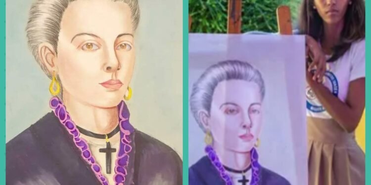 Retrato de Salomé Ureña pintado por estudiante de centro educativo en Higuey.