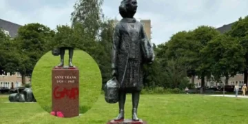 Vandalizan con pintura roja una estatua de Ana Frank en Ámsterdam